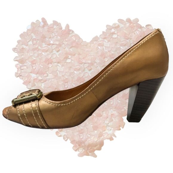 FOSSIL Gold Leather Block Heels, Peep toe with buckle, Women's Size 8 1/2 - Picture 5 of 13